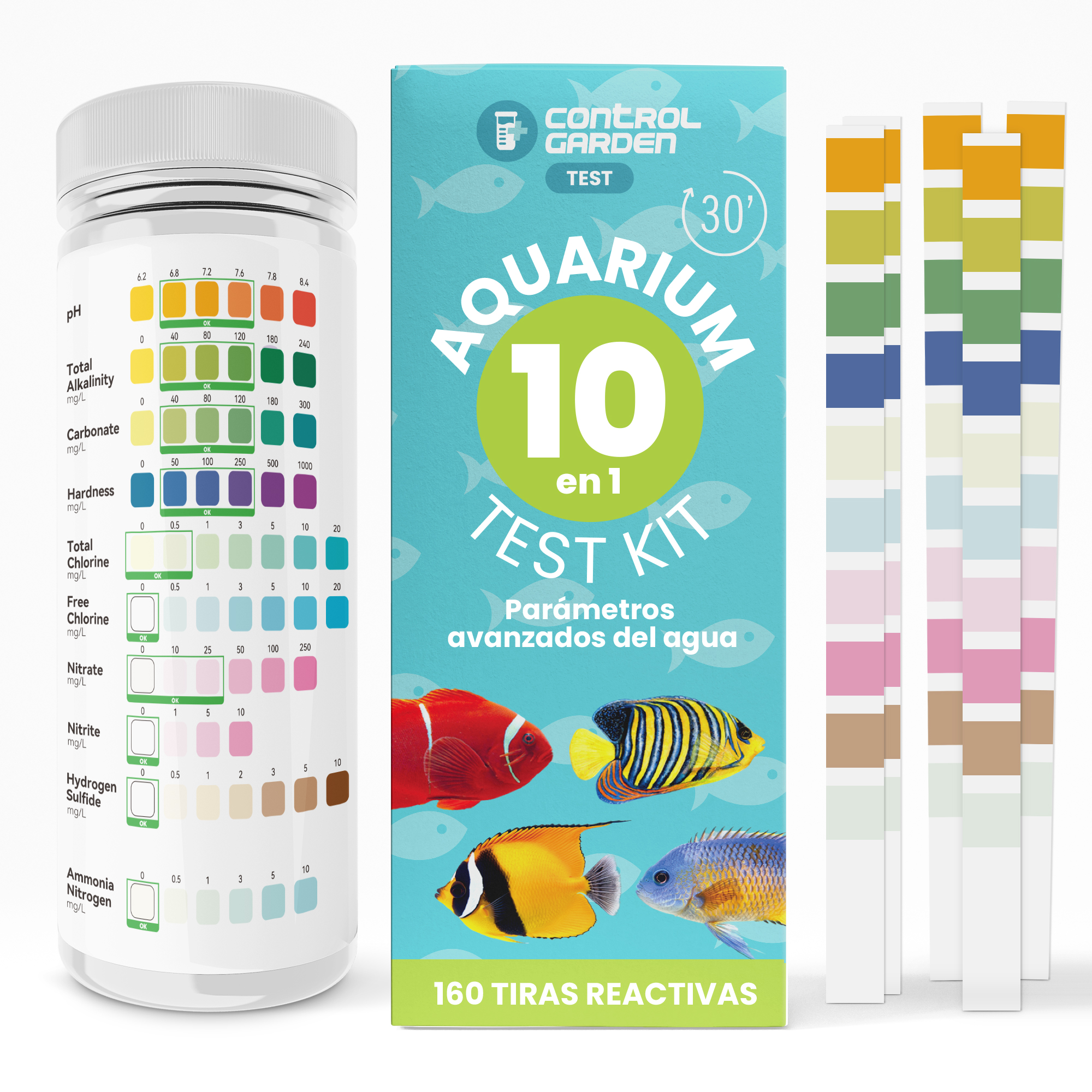 Bandes réactives pour aquariums 10 en 1 · Pack de 160 unités · Contrôle total du pH, du chlore, des nitrites et plus