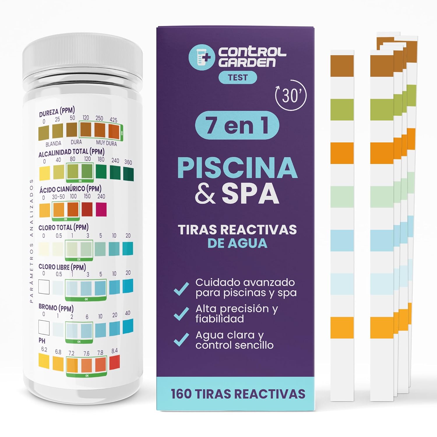 Bandes de test pH 7 en 1 pour piscines et spas · Pack de 30 · Analyse de pH, chlore et plus