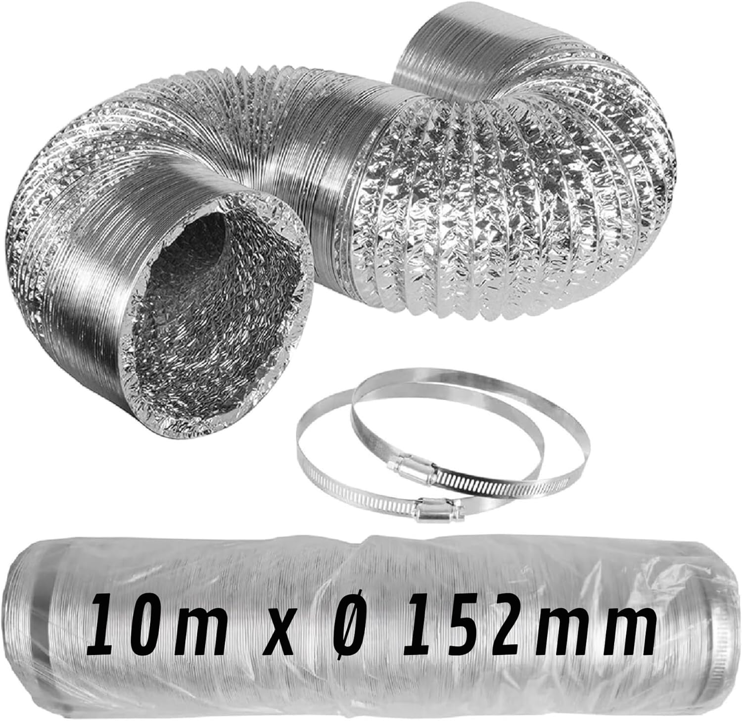Conduit en aluminium flexible argent Ø 152 mm 10 m avec pinces · Pack 1 unité