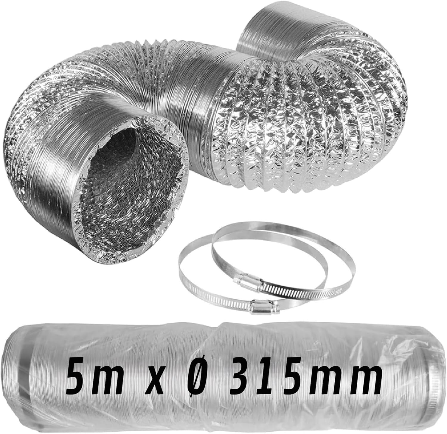 Conduit flexible en aluminium Ø 315 mm x 5 m avec pinces · Pack 1 pc