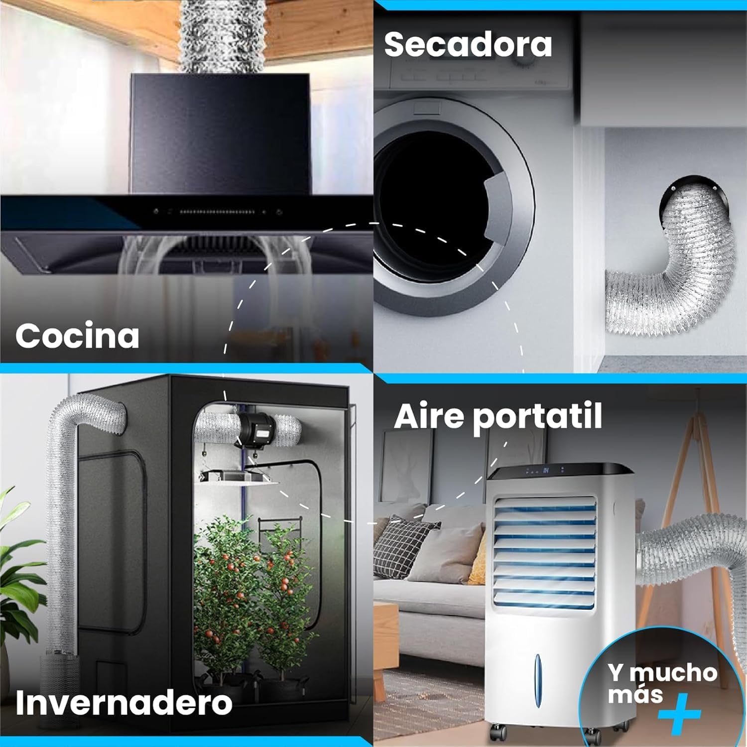 Conducto flexible de aluminio plateado de 5 m y 254 mm con abrazaderas para ventilación · foto 4