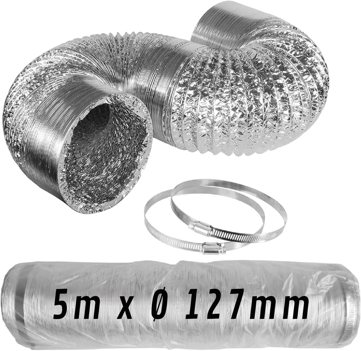 Conduit Flexible en Aluminium Ø 127 mm x 5 m avec Pinces · Pack 1 pc