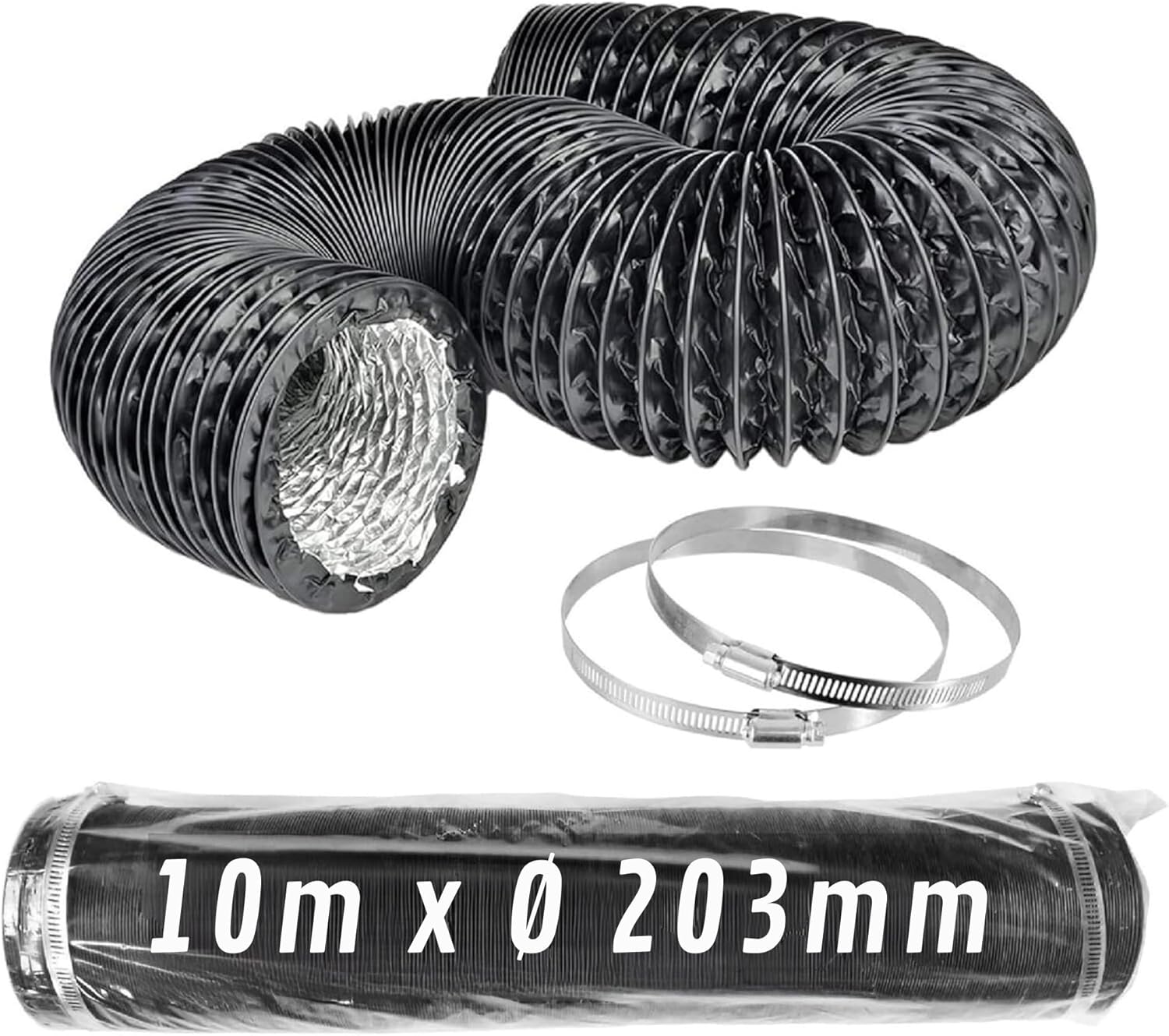 Conduit Flexible en Aluminium Noir Ø 203 mm x 10 m avec Colliers · Pack 1 pc