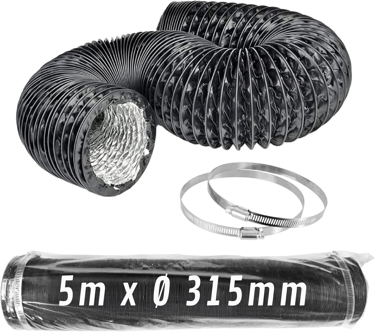 Duct Flexible en Aluminium Noir Ø 315 mm x 5 m avec Colliers · Pack 1 pc