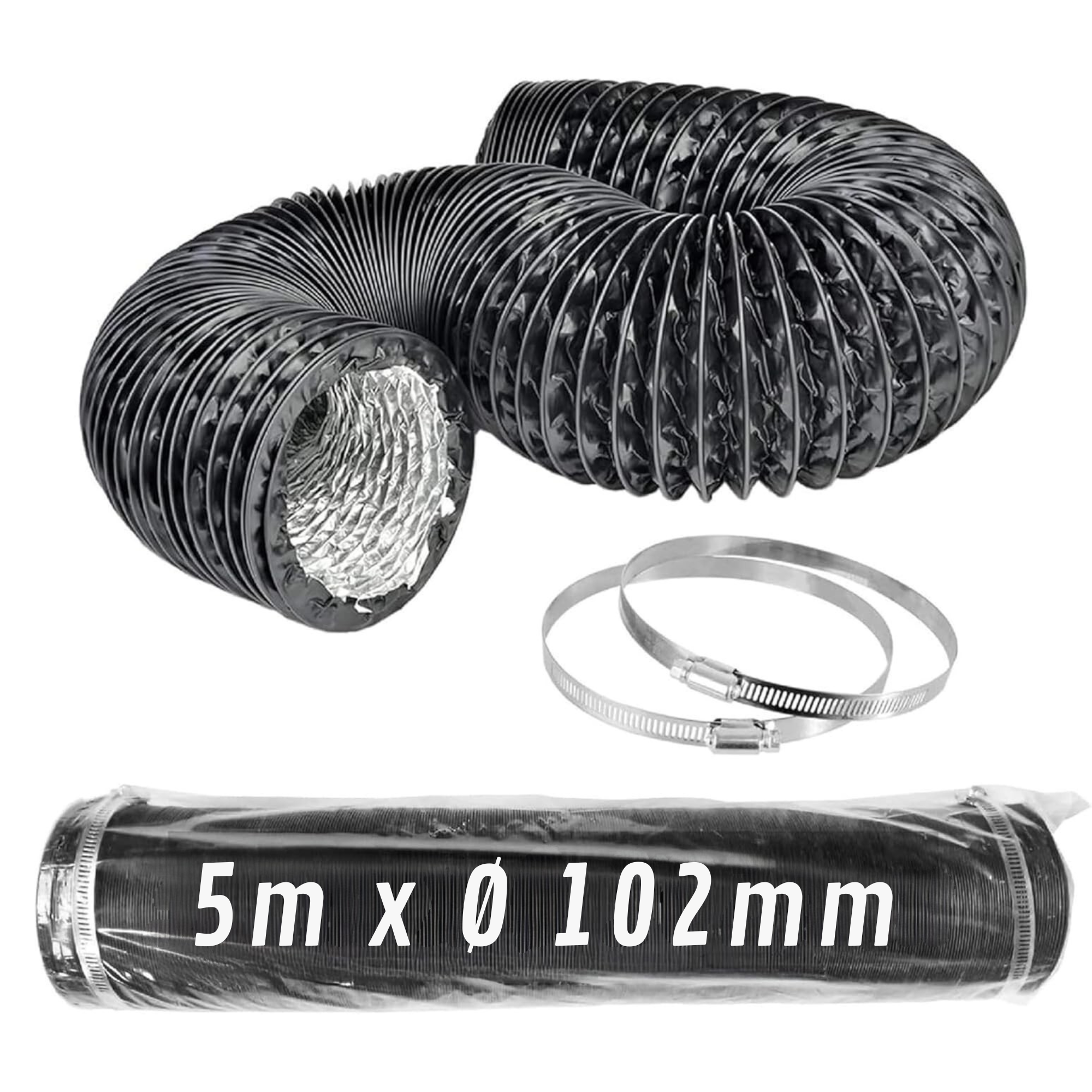 Conduit Flexible en Aluminium Noir Ø 102 mm 5 m avec Colliers · Pack 1 unité