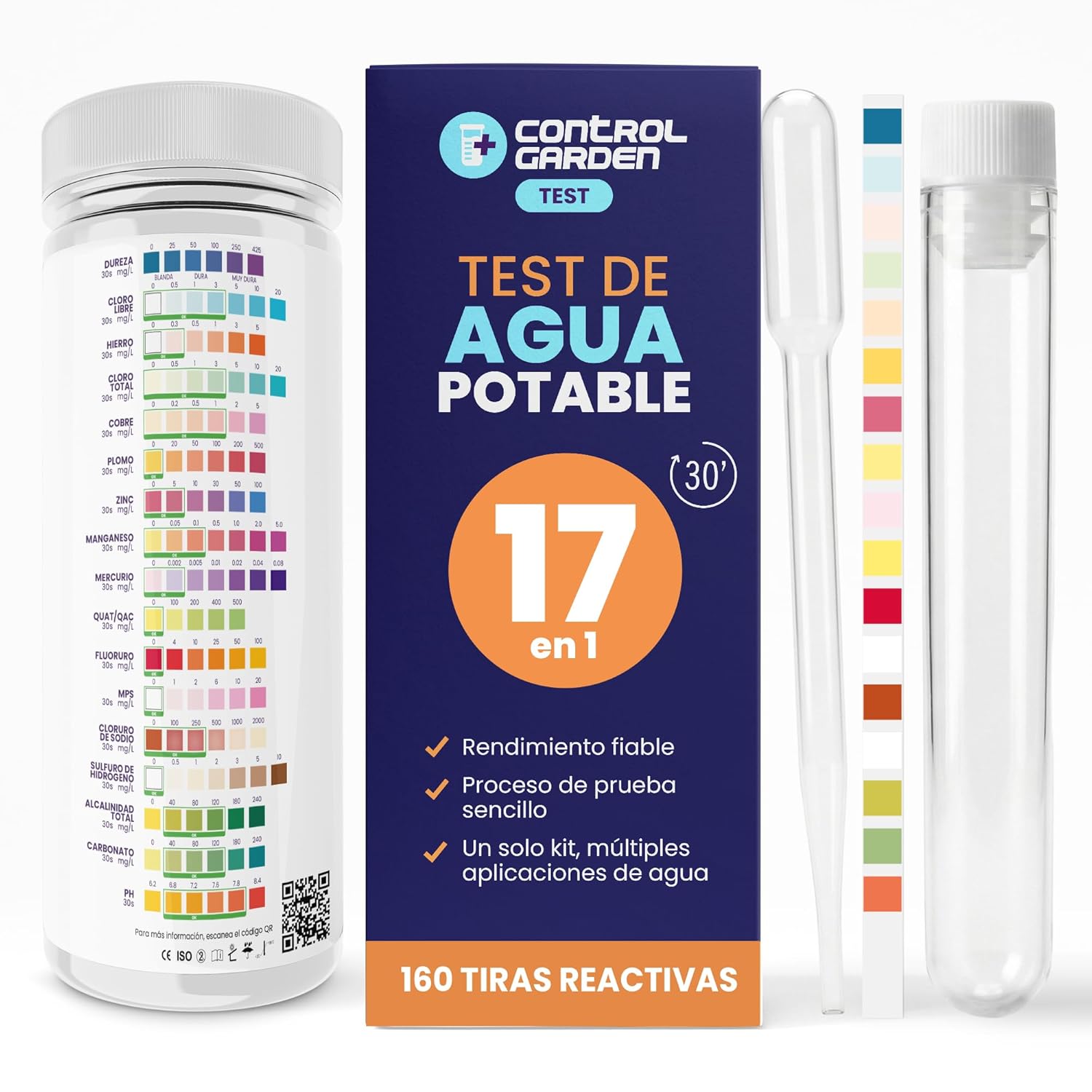 Kit de test d'eau potable 17 en 1 · 160 bandes de test · Résultats en 30s